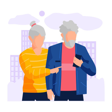 Old people standing outdoors, with one person pointing at something on the other persons mobile device. Ideal for themes of senior companionship, technology, urban life, retirement, and active agingのイラスト素材