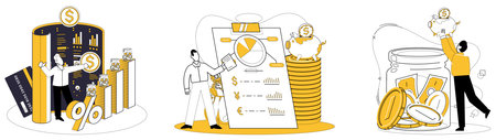 Credit score vector illustration. Bankers dance with rhythm credit scores, orchestrating harmonious financial ballet Technology weaves fabric credit reports, creating tapestry financial understandingのイラスト素材