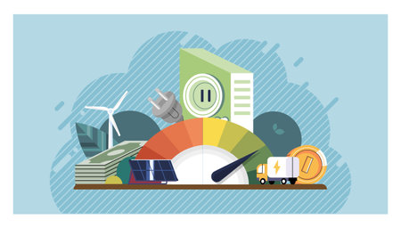 ESG concept. Centered on sustainability and renewable energy, featuring solar panels, wind turbines,...