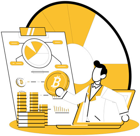 Cryptocurrency investment vector illustration. Cryptocurrency investment thrives on solid foundation financial analysis Unlock door to online wealth through strategic cryptocurrency investmentsのイラスト素材