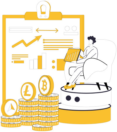 Crypto education. Main elements are a person studying cryptocurrencies on a tablet with charts and various cryptocurrency icons. Ideal for beginners, investment strategies, trading basics, financialのイラスト素材