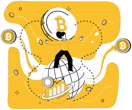 Crypto education. A person stands atop a globe, encircled by Bitcoin symbols and charts. Ideal for financial literacy, cryptocurrency, global economy, blockchain technology, digital investmentのイラスト素材