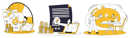 Crypto education. A man presenting financial data, analyzing cryptocurrency charts on a computer, and two people exchanging an idea lightbulb around a table. Ideal for investment, tradingのイラスト素材