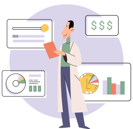 Budget plan concept. Evaluates income and expenses, analyzes investments and savings. Financial literacy and economics, accounting. Planning and distribution of money. Income and expenses reportのイラスト素材