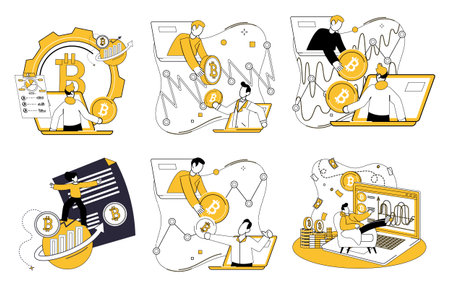 Crypto education. People interacting with Bitcoin and digital analytics tools exploring various aspects of cryptocurrency. Ideal for explaining blockchain technology, investment strategies, marketのイラスト素材