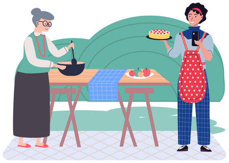 Women preparing salad using fresh ingredients. Happy family cooking food, festive dinner. Girl with smartphone making pictures of birthday cake. Cooking food, meal preparation, culinary conceptのイラスト素材