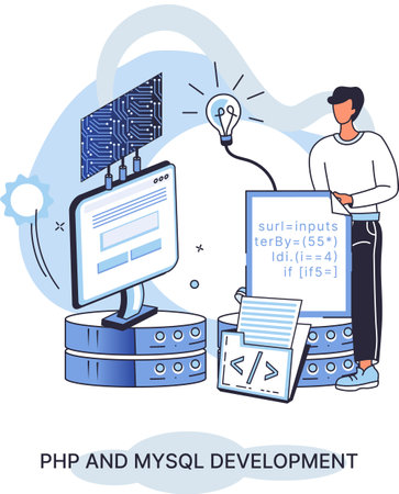PHP and MySql development concept. Software website developer with computer, programmer service, open source general purpose programming language. Scripting web applications allows to create programsのイラスト素材