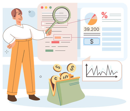 Character manage finances. Man calculating analyzing personal or corporate budget, managing financial income, consulting with accountant, working on financial report and income increase planningのイラスト素材