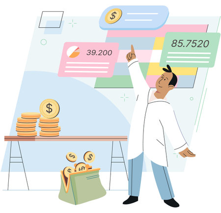 Character manage finances. Man calculating analyzing personal or corporate budget, managing financial income, consulting with accountant, working on financial report and income increase planningのイラスト素材