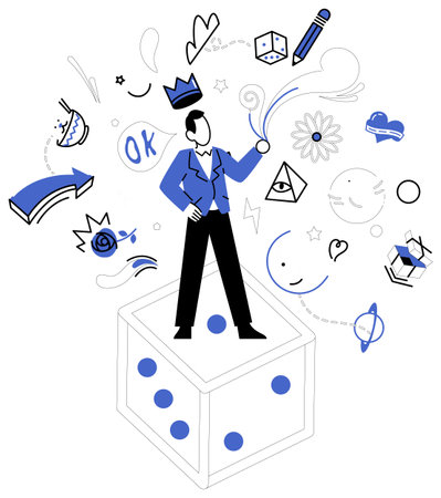 Business modeling vector illustration. A well-designed business model is beacon lighting way through foggy landscapes analysis Success is golden apple dangling from tree effective business modelingのイラスト素材