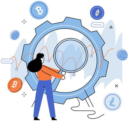 Woman with loupe analyzes charts and strategies at work. Employee studying investment, cash flow and profit of company, looking at report with graph and diagrams. Investment, analysis and tradingのイラスト素材