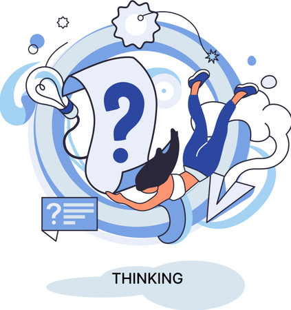 Problem solving metaphor, wondering or thinking, planning or pondering, with question mark. Creative thought idea. Brainstorming, idea and fantasy, motivation and inspiration, finding solution, answerのイラスト素材