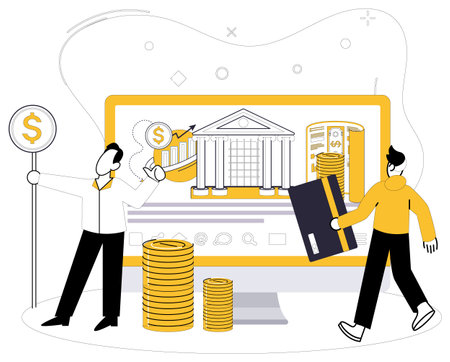 Savings account. Two individuals are showcasing banking elements on a computer screen with a bank building, coins, and a credit card. Ideal for finance, savings, digital banking, investmentsのイラスト素材