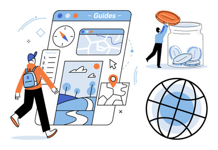 Tourist planning a trip with a digital map and saving money in a glass jar vector illustration. Tourism, travel budget, navigation, global exploration, financial planning, vacation logistics