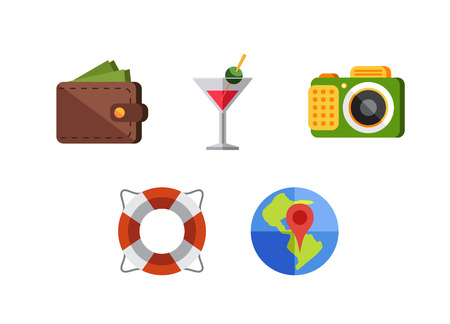 Flat design style modern vector illustration icons set of traveling, summer vacation, tourism and journey objects and passenger luggageのイラスト素材