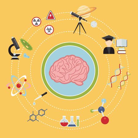 illustrated infographics on science and research, various icons in a flat styleのイラスト素材