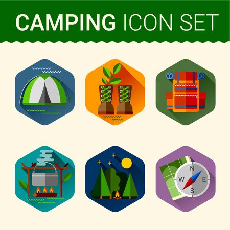 Travel camping illustration icons flat designers nabora.Palatka, backpack, fire, night, compass. The vector file is organized in layers for easy editing.のイラスト素材