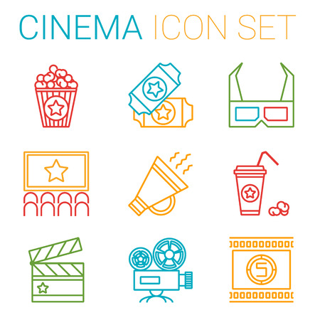 Flat line icons set of professional film production, movie shooting, studio showreel, actors casting, storyboard writing and post production. Flat design style modern vector illustration concept. Different genres of movieのイラスト素材