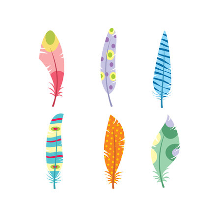 Vector colored feathers set. Bird feathers painted in colorful patterns modern style illustrationのイラスト素材