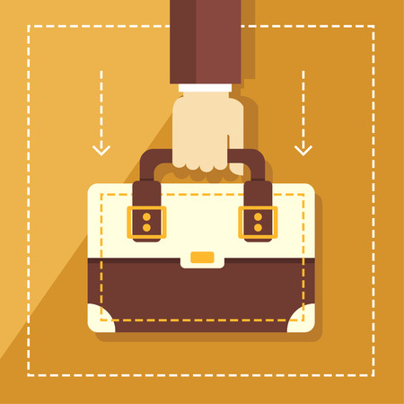 Vector business concept in flat style hand holding briefcase on the background with city landscape flat design conceptのイラスト素材