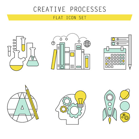 Set of flat line icons for web development. Icons for application development, web page coding and programming, seo, web design, creative process, social media, branding, marketing modern linear conceptのイラスト素材