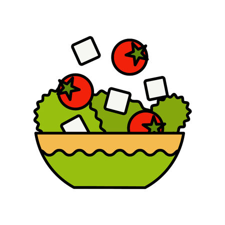 Fresh Greek salad. A delicious bowl of Greek salad with olive oil and fresh vegetables served with bread. modern concept vector flat styleのイラスト素材