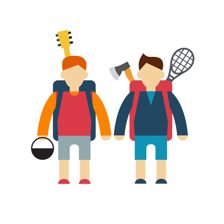 two tourists  modern style flat vector illustration friends with backpacksのイラスト素材