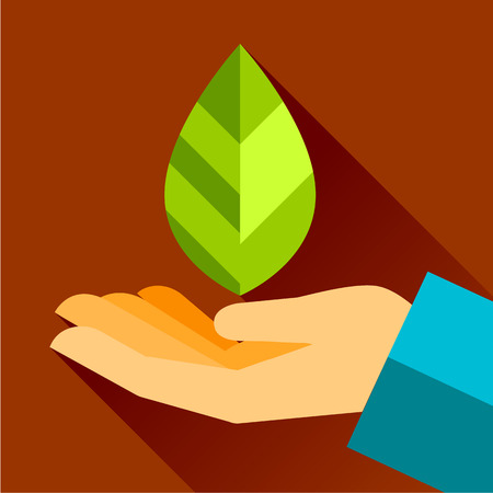 hand and leaf nature conservation. The graphic illustration also represents protecting natural resources, organic products, wellness industry, alternative health flat styleのイラスト素材
