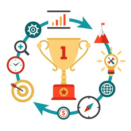 Achievement of the purpose in business, development of the company, award. Flat style vectorのイラスト素材