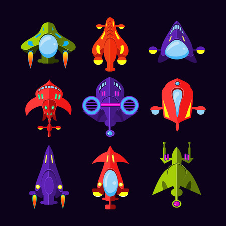 Flying Saucer, Spaceship And UFO Set.  Illustration of a set of cartoon funny UFO, unidentified spaceship and spacecrafts from alien invaders, with various futuristic shapesのイラスト素材