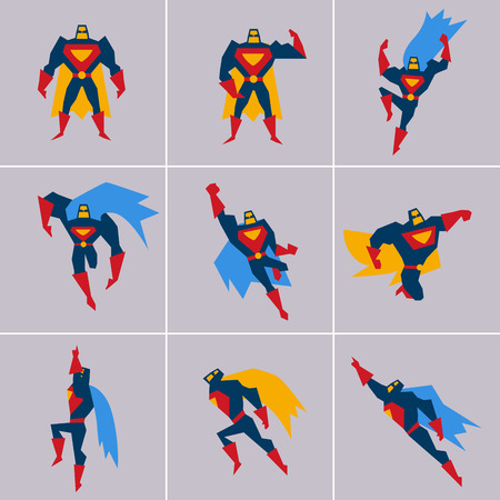 Superhero in Action. Superhero silhouette in different poses vectorのイラスト素材