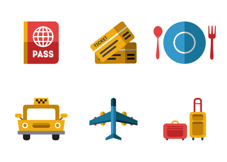 Airport icons flat set with baggage check airplane security control isolated vector illustrationのイラスト素材