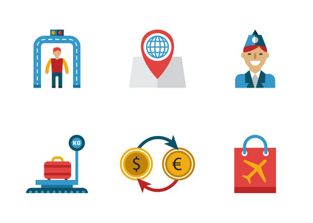 Airport icons flat set with baggage check airplane security control isolated vector illustrationのイラスト素材