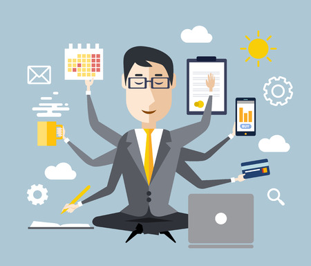 Businessman with multitasking and multi skill. Keep calm. Business concept. Flat design