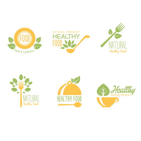 Set of organic and natural food labels or logos. Vector illustrationのイラスト素材