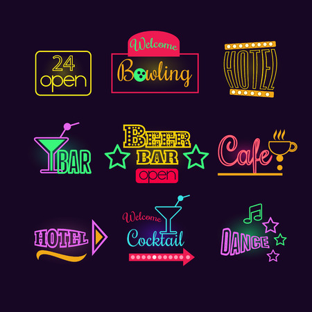Colorful Glowing Neon Lights Graphic Designs for Cafe and Motel Signs on Black Backgroundのイラスト素材