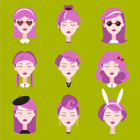 Fashion girls in head accessories icon set hand drawn vector illustrationのイラスト素材