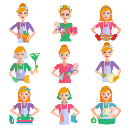 Housewife icon set with woman house working cleaning washing isolated vector illustrationのイラスト素材