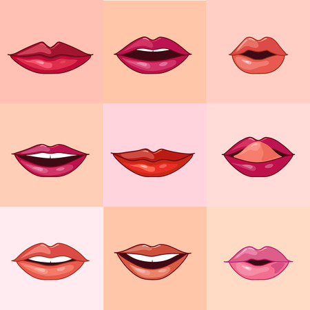 Set of beautiful female lips with different makeup. Vector illustration.のイラスト素材