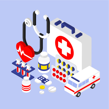 Flat 3d isometric infographic for medical instruments with aid kitのイラスト素材