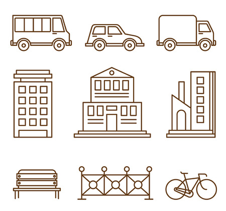 Vector of linear icons with buildings, houses and architecture signs - design elements for city illustration or mapのイラスト素材
