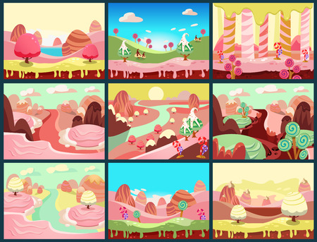 Cartoon fairy tale landscape. Candy land illustration for game backgroundのイラスト素材