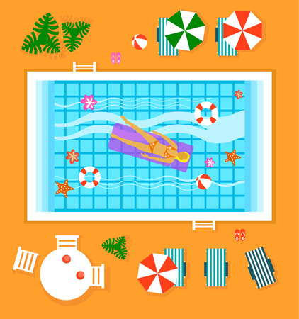Happy People Sunny Pool Hotel Summer Vacation Flat Design Concept Template Vector Illustrationのイラスト素材