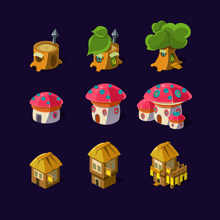 Cartoon element of the game. Magic castle, mushroom house, fairy housesのイラスト素材
