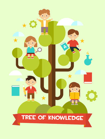 Creative education concept flat design with tree of knowledge and childrenのイラスト素材