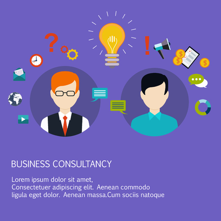 Business advice, coaching, training on business. Flat style vector illustrationのイラスト素材