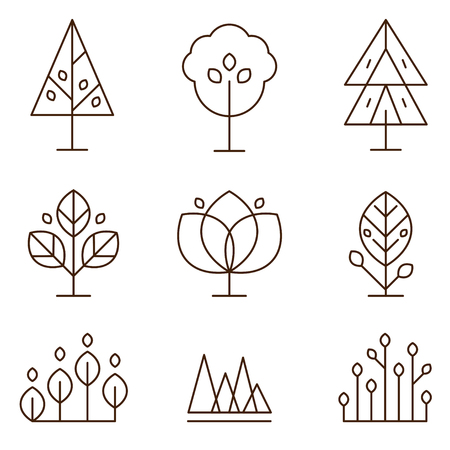 Trees and plants in thin line style icons set vector illustrationのイラスト素材