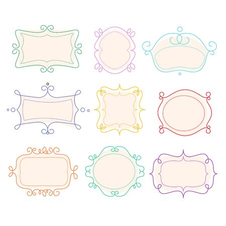 Set of outline frames, emblems and badges. Abstract mono line graphic design templates vector illustrations.のイラスト素材