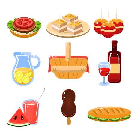 Set of bright icons of traditional french picnic food and drinks vector illustration collectionのイラスト素材