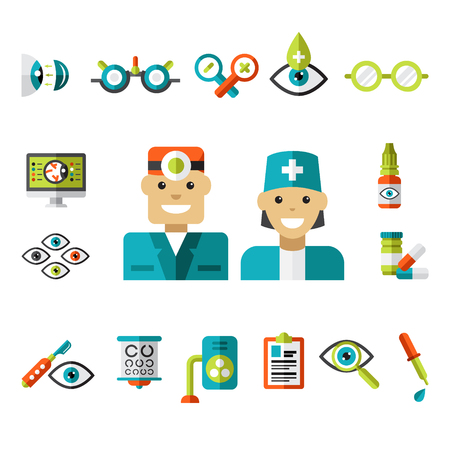 Set of ophtalmology icons in flat style. Collection of vector illustrationsのイラスト素材
